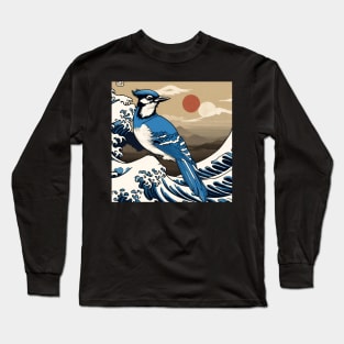 Vintage Blue Jay Bird in Sunset with The Great Wave Bird Watching Dad Long Sleeve T-Shirt